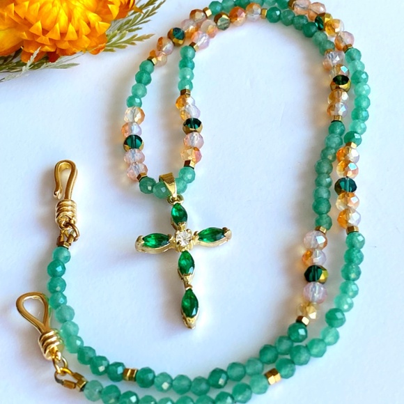 Aventurine with Austrian Crystals Christian Cross Necklace - Picture 6 of 13